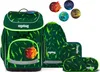 A set of school supplies including a backpack, a pencil case, and a pouch, all with a lightning bolt pattern. There are also four decorative pins with planetary or character designs. Produktbild-Vorschau