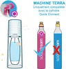 An illustration showing a SodaStream Terra machine and two types of CO2 cylinders, indicating compatibility. Produktbild-Vorschau
