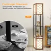 A split image showing a messy desk area labeled 'Vor' (Before) and a floor lamp with shelves labeled 'Nach' (After). Produktbild-Vorschau