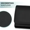 A close-up view of a black synthetic leather wallet, with a magnified section showing the texture of the material. Text overlays describe the material as high-quality synthetic leather. Produktbild-Vorschau