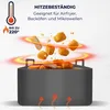 A close-up shot of a gray silicone air fryer basket filled with fried chicken pieces, with some pieces flying out of the basket. Heat waves emanate from the basket, and there's text indicating heat resistance and suitability for air fryers, ovens, and micr Voir les images du produit