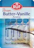 A package of RUF Backaroma Butter-Vanille with four small glass vials containing a yellow liquid and white granules, and a vanilla bean. Podgląd zdjęcia produktu