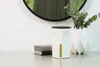 A white air dehumidifier sits on a light gray surface next to two books and a white geometric vase with green leaves. A round mirror is visible in the background. Náhled obrázku produktu