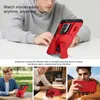 A collage of images showing a red phone case with a stand, with text overlays. Produktbild-Vorschau