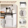 A close-up view of a white sideboard with black sliding doors and drawers, featuring kitchen appliances and fruit on top. Additional circular insets highlight product features. Voir les images du produit