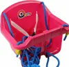 A close-up studio shot of a pink baby swing with blue ropes. Náhľad obrázku produktu