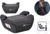 A collage of images showing a child booster seat, a close-up of the booster seat, and a child using a booster seat in a car. Podgląd zdjęcia produktu