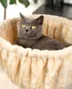 A gray cat is lying in a beige cat bed. Náhľad obrázku produktu