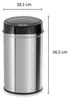 A stainless steel trash can with a black lid and sensor controls, shown with dimensions indicated by measurement lines and text. Produktbild-Vorschau