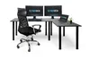 A black L-shaped desk with two monitors, a laptop, a keyboard, a mouse, and a black office chair, all on a white background. Produktbild-Vorschau
