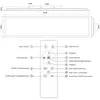 Diagram showing dimensions of a LED panel and a remote control with labeled buttons. Produktbild-Vorschau
