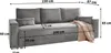 A grey sofa with dimensions indicated by measurement lines and text. Produktbild-Vorschau