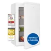 A white upright freezer with its door slightly ajar, displaying some of its contents. There are several award badges and a blue circular overlay with text on the left and right side of the appliance. Produktbild-Vorschau