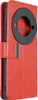 A red flip-style phone case with a black circular camera cutout and a silver accent on the closure strap. Produktbild-Vorschau