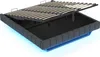 A bed frame with the mattress support slats lifted to reveal storage space underneath. The frame is upholstered in gray fabric and has blue LED lighting around the base. Produktbild-Vorschau