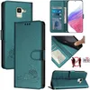Collage of images showing a teal leather flip case for a Samsung Galaxy J6 2018, with various angles and features displayed. Náhled obrázku produktu