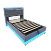 A modern gray upholstered bed frame with integrated LED lighting. Produktbild-Vorschau