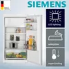 An open refrigerator with food items inside, alongside marketing graphics highlighting product features. Produktbild-Vorschau