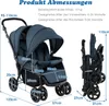 A diagram showing the dimensions of a blue twin stroller, with additional text detailing its specifications. Podgląd zdjęcia produktu