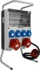 A portable electrical distribution box with multiple outlets and circuit breakers, mounted on a stand. Produktbild-Vorschau