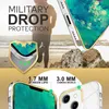 A person running on a beach with a phone case overlayed with marketing text and diagrams. Produktbild-Vorschau