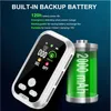 A digital CO and smoke detector is shown next to a graphic representation of a large battery. Produktbild-Vorschau