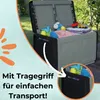An open garden storage box filled with toys and blankets, placed on a wooden deck outdoors. Produktbild-Vorschau
