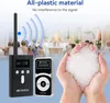 A marketing image showing a wireless audio guide system with a transmitter and receiver, set against a blurred background of people in what appears to be a church or event hall. A hand holds a pile of plastic pellets, emphasizing the 'all-plastic material' Náhľad obrázku produktu
