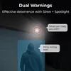 A security camera system is shown deterring an intruder with a spotlight and siren, with dialogue bubbles indicating interaction. Produktbild-Vorschau