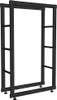A black metal firewood rack shown against a white background.