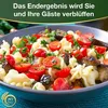 A bowl of pasta with tomatoes and eggplant, with German text overlay. Produktbild-Vorschau