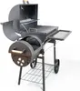 A black charcoal grill with two cooking chambers and a side shelf, shown on a white background. Podgląd zdjęcia produktu
