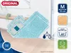 A product shot of blue mop pads on a wooden floor, with various informational icons and text overlays. Produktbild-Vorschau