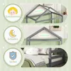 A collage of images showcasing a children's house bed with different features highlighted. Produktbild-Vorschau
