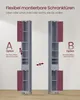 Two identical tall, narrow cabinets are shown side-by-side, illustrating different door opening options. Text overlays explain the flexibility of mounting the cabinet doors. Produktbild-Vorschau