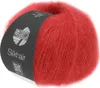 A ball of red yarn with a black label. Produktbild-Vorschau