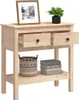 A wooden console table with two drawers, a basket, and books on a shelf. Produktbild-Vorschau
