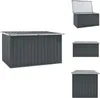 A collage of images showing a dark gray garden storage box from different angles, with one image showing the lid open. Podgląd zdjęcia produktu