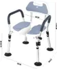 A shower chair with dimensions indicated by text overlays. Produktbild-Vorschau
