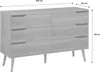 A light wood dresser with six drawers and angled legs, shown with dimensions indicated by measurement lines and text. Anteprima dell’immagine prodotto