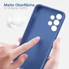 A hand is touching a blue phone case, with cotton-like material in the background. Produktbild-Vorschau