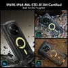 A rugged smartphone is shown in various harsh environments, highlighting its durability. Produktbild-Vorschau