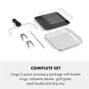 A display of various accessories for an air fryer, including tongs, skewers, a grill grate, a mesh basket, and a drip tray, presented on a white background. Náhľad obrázku produktu