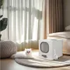 A white cat is lying on a rug next to a white litter box in a room with sheer curtains. Podgląd zdjęcia produktu
