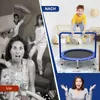 A split image showing a chaotic scene with children and a distressed mother on the left, and a happy child jumping on a trampoline on the right, with a woman looking happy in the bottom right corner. Podgląd zdjęcia produktu