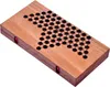 A wooden Halma game board with a star-shaped pattern of holes is shown on a white background. Two red clasps are visible on the side of the board. Produktbild-Vorschau