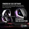 A gaming headset on a stand with RGB lighting, next to a keyboard, with marketing text. Produktbild-Vorschau