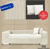 A marketing image showing a beige corduroy sofa with pillows, and close-ups of the fabric and pillows with labels. Voir les images du produit