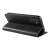 A black leather flip case for a smartphone is shown standing upright, propped open. Produktbild-Vorschau
