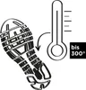 An illustration showing a shoe sole next to a thermometer and text indicating temperature resistance. Produktbild-Vorschau